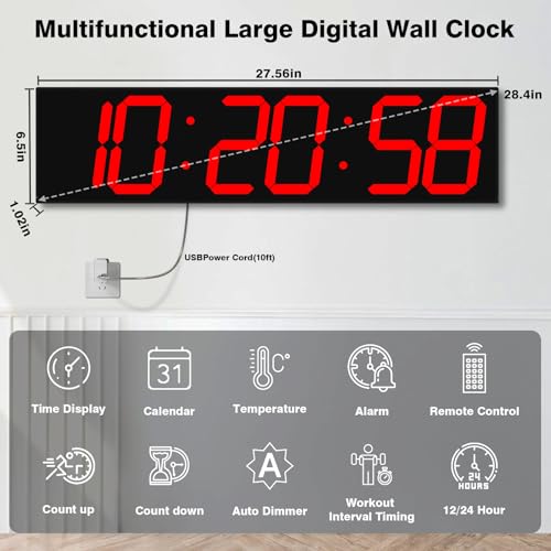 CHKOSDA Digital Wall Clock with Large Display, 28.4‘’LED 6-Digit Large Clock with Adjustable Brightness, Multifunction Digital Timer with Countdown and Stopwatch(Red) - color: Red