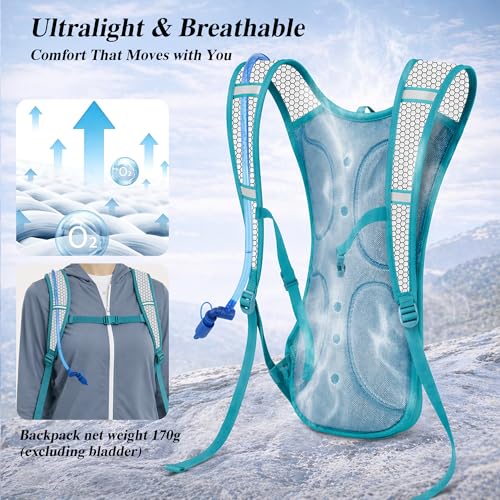 Lightweight 2 Pack Hydration Backpack with 2L Water Bladder for Hiking - color: Dark Teal & Orange