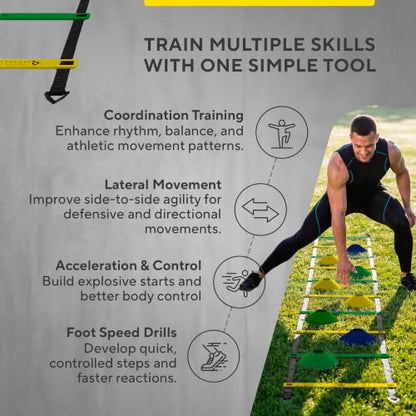 Agility Ladder Set, 12-Rung Speed Ladder + Training Cones, Soccer Training Equipment, Footwork Drills Kit, Speed & Agility Equipment, Football Practice Equipment, Basketball Gear - color: Yellow and Green