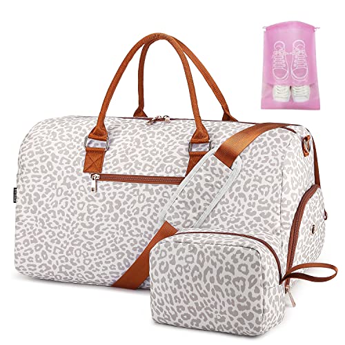 Duffle Bag for Travel, Weekender Bag with Shoe Compartment, Carry On Overnight Bag for Women with Toiletry Bag, 50L Gym Bag with Wet Pocket, Hospital Bags for Labor and Delivery Pink - color: Desert Leopard