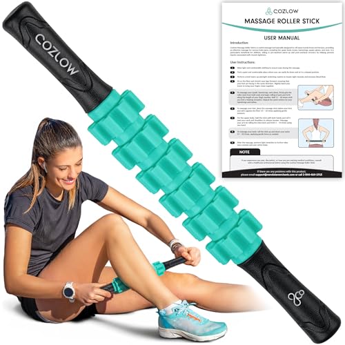 Muscle Roller Stick, Green, Hand Held Body Massager, 9 Rollers - color: Green