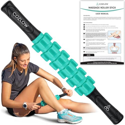 Muscle Roller Stick, Green, Hand Held Body Massager, 9 Rollers - color: Green