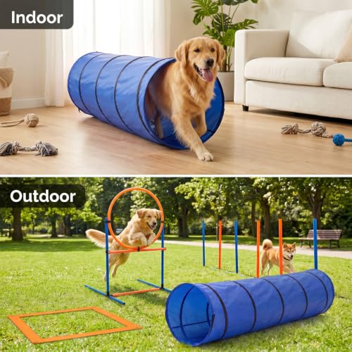 5 in 1 Dog Agility Equipment Set, Complete Agility Training Equipment Kit with Dog Tunnel, Adjustable Jump Hurdle, Jump Ring, Weave Poles & Pause Box, Portable Plastic Pet Obstacle Training Gear