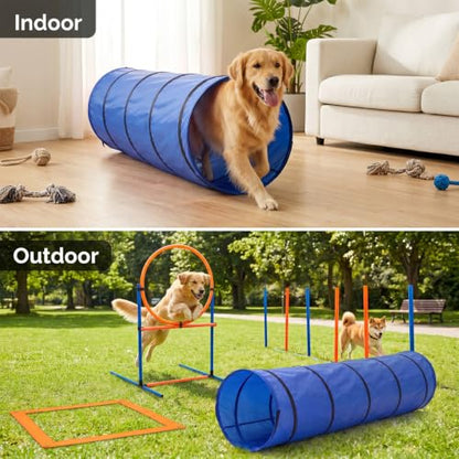 5 in 1 Dog Agility Equipment Set, Complete Agility Training Equipment Kit with Dog Tunnel, Adjustable Jump Hurdle, Jump Ring, Weave Poles & Pause Box, Portable Plastic Pet Obstacle Training Gear