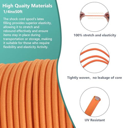 1/4 in x 50 ft Elastic Bungee Shock Cord,Neon Orange Nylon Elastic Rope,Bungee Rope for Camping, Kayak,Decks for Repairing Tent Poles, DIY, Tie Downs - style: 1/4inx50ft Neon Orange