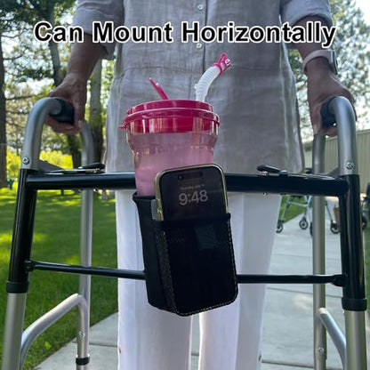 Easy Drink Holder with Small Pouch, No Tools Mount for Walkers, Wheelchairs