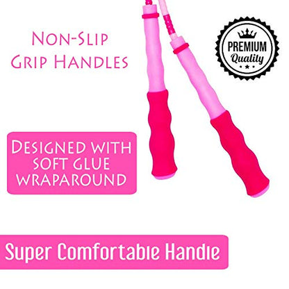 Jump Rope for Fitness, Home Work-Out; Adjustable with Anti-Slip Grip, Soft Plastic Beaded, Tangle-Free, Indoor and Outdoor Exercise for Adults (Pink)