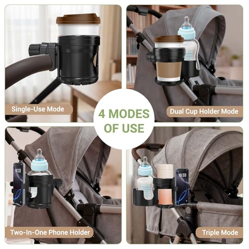 ZealSound Stroller Cup Holder, 3-in-1 Bottle Holder with Phone Holder for Wheelchair, Stroller, Bike, Walker, Scooter, 360° Rotatable Drink Holder for Uppababy, Bugaboo, Nuna, Doona - size: Large