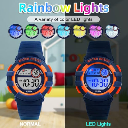 DTKID Digital Kids Watch 30 M Waterproof for Girls Boys 5-16 - color: Dark blue-orange