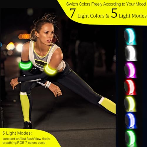 RGB 7 Colors Switchable LED Armband, USB-C Rechargeable, 360° Reflective Running Light for Runners, High Visibility Reflective Running Gear for Joggers Bikers Walkers - color: Black