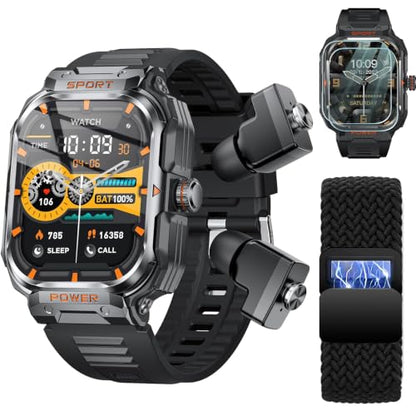 Military Smart Watch with Earbuds for Men and Women,2'' Tactical Display,Sport Modes,Fitness Tracker,Heart Rate,Answer/Make Call, Sleep Monitor, SmartWatch, iOS & Android, + Nylon Band - color: Black SQ +Nylon band& 2Glass