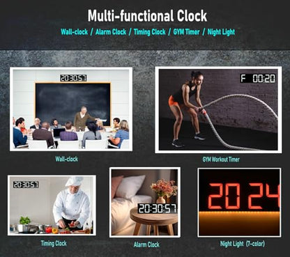 26'' Huge Digital Wall Clock, Home Gym Interval Workout Timers, with Countdown, Stopwatch, 7-Color Light, 8-Alarms, Calendar/Temperature Display, for HIIT/Tabata/FGB/EMOM (White)