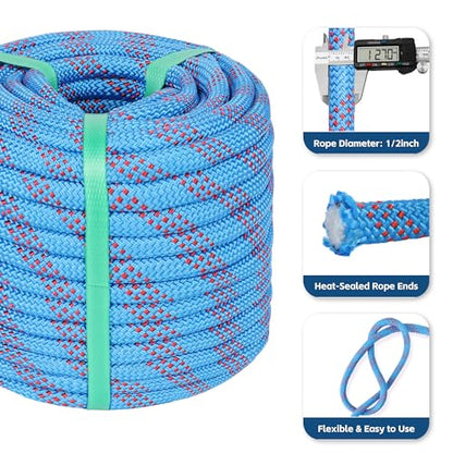 1/2in x 150ft Double Braided Arborist Rigging Rope, 48 Strands Polyester 8000LBS Heavy Duty Climbing Bull Rope for Tree Swing Rappelling Rescue Camping - size: 1/2in x 150ft, style: Blue
