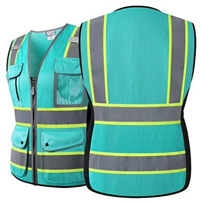 High Visibility Reflection Peacock Mesh Safety Vests with 9 Pockets and Front Zipper, hi vis safety vest for Women, Meets ANSI/ISEA Standards(Peacock-16,S) - color: Peacock, size: Small