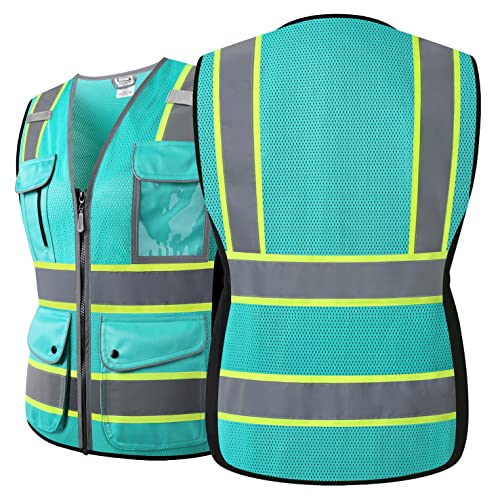 High Visibility Reflection Peacock Mesh Safety Vests with 9 Pockets and Front Zipper, hi vis safety vest for Women, Meets ANSI/ISEA Standards(Peacock-16,M) - color: Peacock, size: Medium