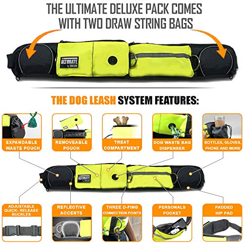 TAKSIN The Ultimate Hands Free Two Dogs Double Leash System for Walking Running Hiking Training, Reflective Bungee Leash, Treat Holder, Poop Bag Dispenser Small Medium Large Dogs (Yellow Deluxe Pack) - color: Yellow, size: Two Dogs
