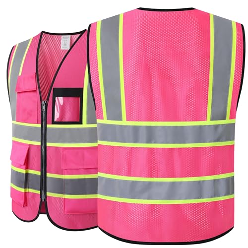 Reflective Safety Vest for Men Women Hi Vis Vest with 8 Pockets High Visibility Mesh Reflective Vest Meets ANSI/ISEA Standards (Pink-07,Medium) - color: Pink, size: Medium
