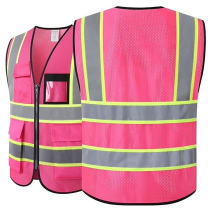 Reflective Safety Vest for Men Women Hi Vis Vest with 8 Pockets High Visibility Mesh Reflective Vest Meets ANSI/ISEA Standards (Pink-07,Medium) - color: Pink, size: Medium