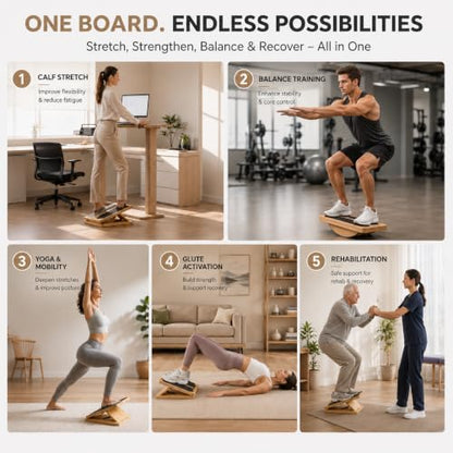 2-in-1 Slant Board & Wobble Balance Board, Adjustable Calf Stretcher with Non-Slip Base, Carry Handle, Felt Lining & Sealed Edges for Calf Stretch, Ankle Rehab & Core Balance Training