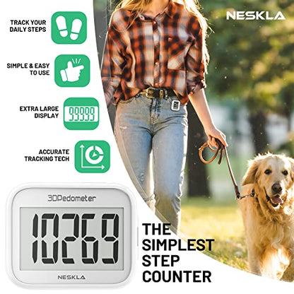 NESKLA 3D Pedometer, Simple Step Counter with Large LCD Display for Walking - color: White