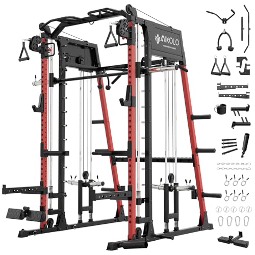 Mikolo M4 2.0 Smith Machine, 2200lbs Squat Rack with LAT-Pull Down System & Cable Crossover Machine, Training Equipment with Leg Hold-Down Attachment - color: Red, size: M4 2.0