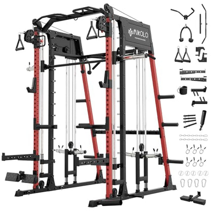Mikolo M4 2.0 Smith Machine, 2200lbs Squat Rack with LAT-Pull Down System & Cable Crossover Machine, Training Equipment with Leg Hold-Down Attachment - color: Red, size: M4 2.0