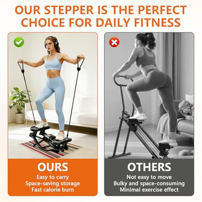 Mini Stepper, 3D Motion Rocking Steppers for Exercise at Home, Low-Impact Lateral Stair Stepper with Resistance Bands & Floor Mats, Digital Display Tracks Time Reps Calories, Full Body Workout