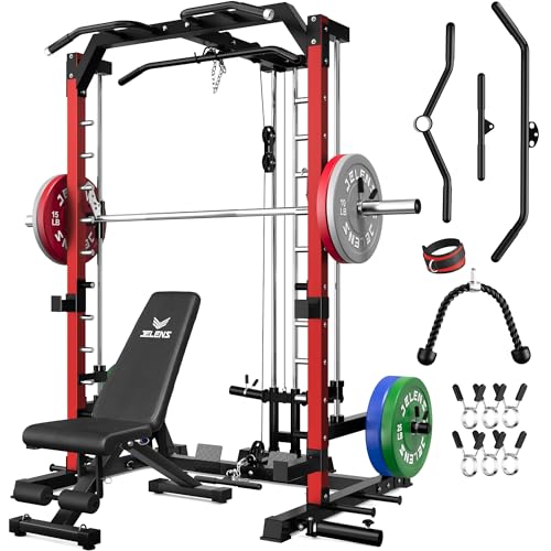 JELENS SR01 Smith Machine, 2000LBS Multi-Function Power Cage with LAT Pulldown System, All-in-One Home Gym Squat Rack with Smith Bar and Training Attachments for Full Body Workouts - color: Red, size: 190LB Colored Weights Package