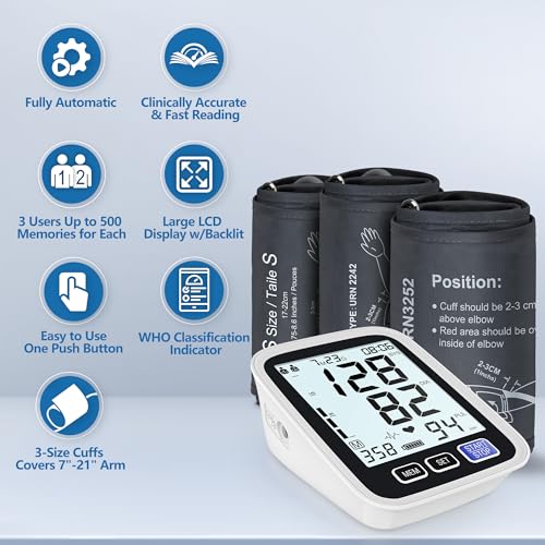 Blood Pressure Machine Upper Arm, 3 Size Cuffs, Small 7"-9", Medium/Large 9"-17" and Extra Large XL Cuff 13"-21", Accurate Automatic Digital BP Cuff Home Use, Large Backlit BP Monitor 3-User 1500 Mem - size: Small, Medium/Large & XL Sizes