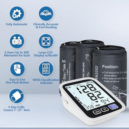 Blood Pressure Machine Upper Arm, 3 Size Cuffs, Small 7"-9", Medium/Large 9"-17" and Extra Large XL Cuff 13"-21", Accurate Automatic Digital BP Cuff Home Use, Large Backlit BP Monitor 3-User 1500 Mem - size: Small, Medium/Large & XL Sizes