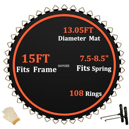 Trampoline Mat Replacement-Fits 15ft Trampline Frame with 96/108 Rings for Choose,Fits 5.3"-8.5" Springs, Mat Diameter 13.05ft-13.56ft,（Spring and Frame not Included） - style: 108 Rings & 156.7inch(13.05ft)Dia-Fits 7.5" - 8.5" Springs