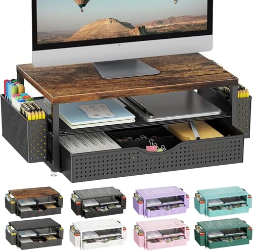 gianotter Desk Organizers and Accessories, Monitor Stand with Drawer and 2 Pen Holder, Desktop Organizer Suitable for Offices and Dormitories (Wood) - color: Wood