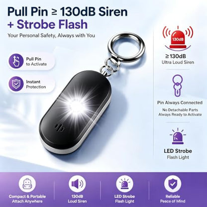 Personal Safety Alarm for Women, 130dB Rechargeable Keychain Alarm with Bluetooth SOS Alerts, Dual Speakers, Strobe Light, Low Battery Reminder, USB-C Emergency Siren for Travel (Black) - color: Black
