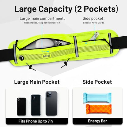 MIER Running Belt for Women & Men, Fanny Pack with Marathon Bib Clip, Neon - color: Neon Yellow
