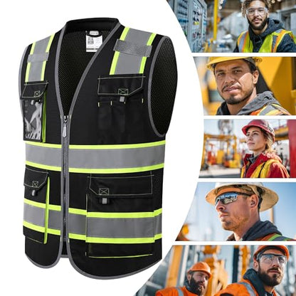 JKSafety Safety Vest for Men Women Hi Vis with Pockets and Cushioned Collar Construction Vest Meet ANSI Standard (BX360) - color: Black, size: 5X-Large
