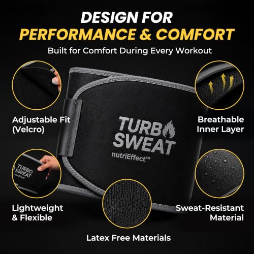 TURBOSWEAT Waist Trimmer Belt Women Men, Neoprene Sweat Band, Latex Free, Includes Mesh Wash Bag - color: Black Gray, size: S-M (25.6" - 43.3")