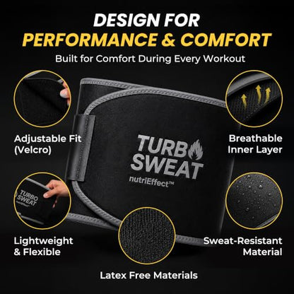 TURBOSWEAT Waist Trimmer Belt Women Men, Neoprene Sweat Band, Latex Free, Includes Mesh Wash Bag - color: Black Gray, size: S-M (25.6" - 43.3")