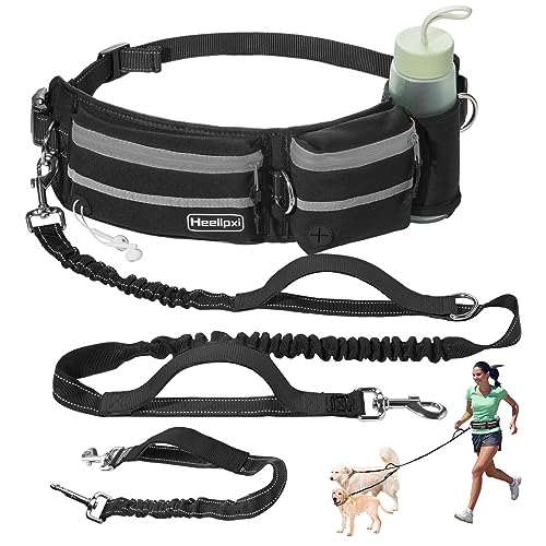 Hands-Free Waist Leash with Pouch for Two Dogs: Reflective Stitching, Dual Handle & Bungee Retractable Design – Ideal for Medium to Large Dogs (Grey) – Dog Walking Accessories - color: Grey