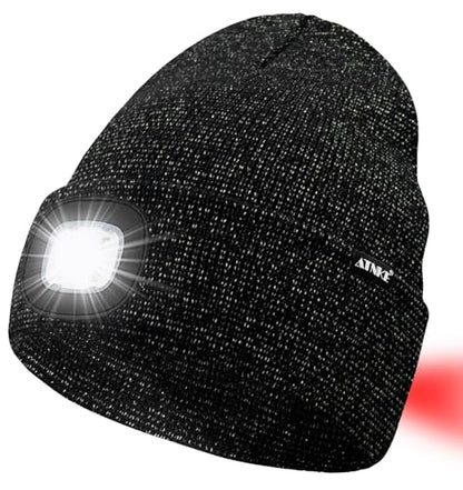 ATNKE LED Lighted Beanie Hat,USB Rechargeable 8 LED Red Glow Flashing Alarm Running Headlamp Cap Gifts for Men and Women - color: #Blended Black Goldwire