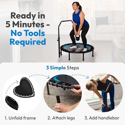 JUMPZYLLA Mini Rebounder Trampoline for Adults, Fitness Trampoline with Bar - color: Blue, size: 40"