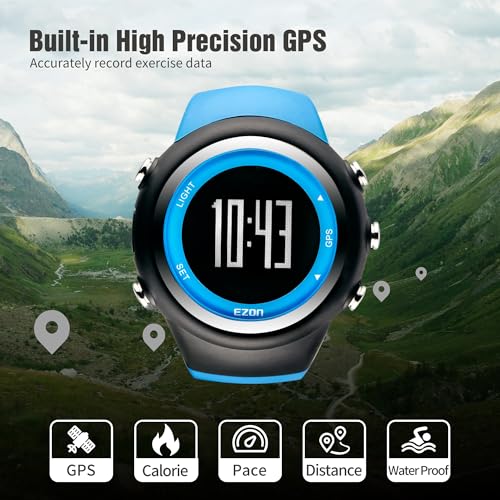 EZON GPS Running Watch with Distance Pace Alarm and Calorie Counter and Stopwatch for Men (Blue) - color: Blue