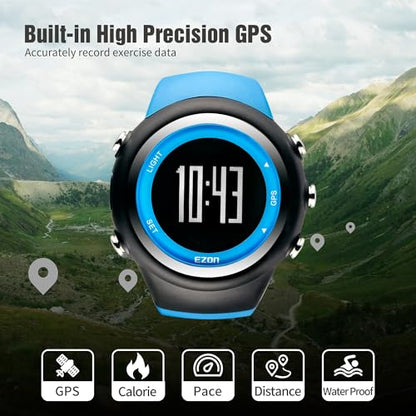 EZON GPS Running Watch with Distance Pace Alarm and Calorie Counter and Stopwatch for Men (Blue) - color: Blue