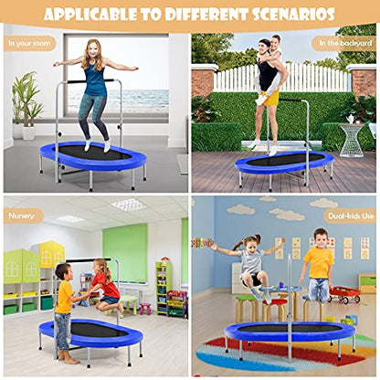 Giantex Mini Trampoline, 2 Persons Foldable Fitness Trampoline w/ 5 Levels Height Adjustable Handle, Max Load 330LBS, Indoor Oval Rebounder Exercise Trampoline for Adult, Kid, Enjoy Parent-child Time - color: Blue