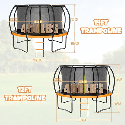 Kiivakii Trampoline 10FT 12FT 14FT 16 FT, Outdoor Trampolines for Kids and Adults, Recreational Trampolines with Curved Poles & Enclosure, ASTM Approval Round Trampoline for Backyard
