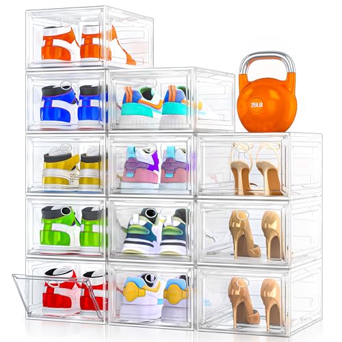 12 Pack Shoe Organizer, Stackable Shoe Storage Boxes with Magnetic Door - color: White, size: 12 pcs