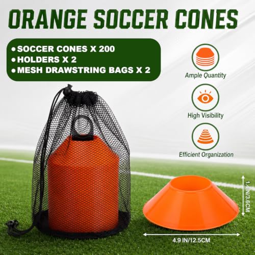 200 Pack Soccer Agility Cones with 2 Holders & 2 Mesh Bags
