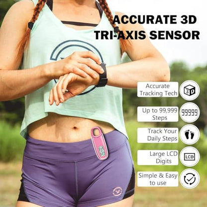 3D Pedometer for Walking with Removable Clip and Carabiner Simple Step Counter for Walking Accurate Clip On Step Tracker for Men Women Kids - color: Pink