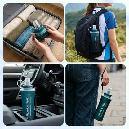 FR Collapsible Soft Hydration Flask 700ml TPU Portable Sports Water Bottle, Outdoor Running Cycling Fitness Hydration Bag with Leak-Proof Bite Valve and Lanyard(Slate Blue) - color: Slate Blue 700