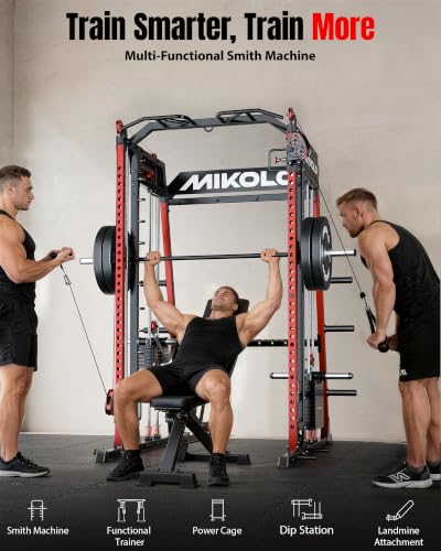 Mikolo M4 2.0 Smith Machine, 2200lbs Squat Rack with LAT-Pull Down System & Cable Crossover Machine, Training Equipment with Leg Hold-Down Attachment - color: Red, size: M4 2.0 Elite Package (with Color BP230lbs)