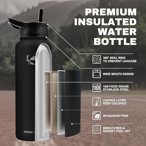 NATURE PIONEOR 40 oz Insulated Water Bottle with Carrier Bag & 3 Lids - color: Black, size: 40 Ounces